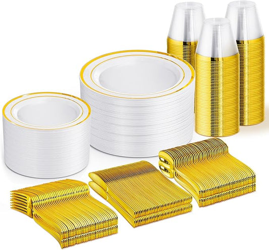 WELLIFE 450 PCS Gold Disposable Dinnerware Set for 75 Guests, 75 Each-Dinner & Salad Plates,Cups, Forks, Knives, Spoons for Wedding and Party Supplies