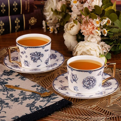 KAMMAK Tea Cups and Saucers Set of 2, Fine Bone China Coffee Cups, 571N | - Image 2