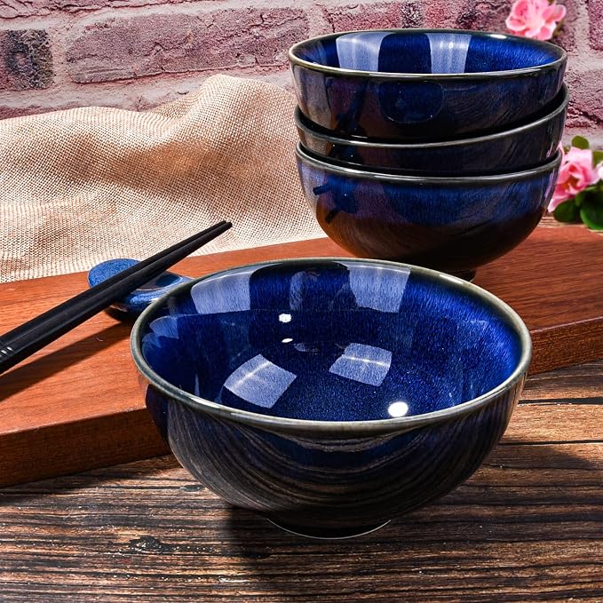 Ceramic Rice Bowl Set of 4, Streaky Blue Reactive Kiln Glaze Porcelain Sauce - Image 7