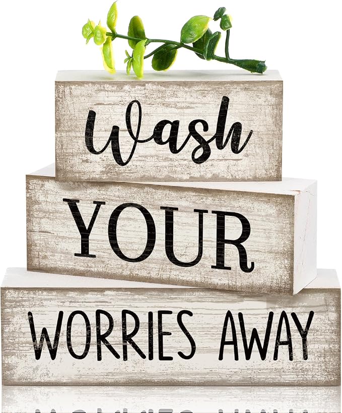 Moucuny 4 Pcs Farmhouse Laundry Room Decor Stacked Blocks Wash Your Worries by Moucuny