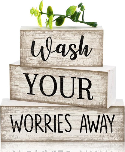 Moucuny 4 Pcs Farmhouse Laundry Room Decor Stacked Blocks Wash Your Worries by Moucuny