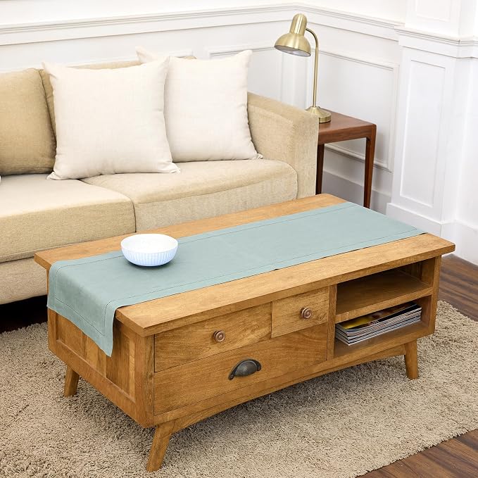 Solino Home 100% Pure Linen Table Runner Aqua Blue Hemstitch, 14 x 60 in | by SolinoHome