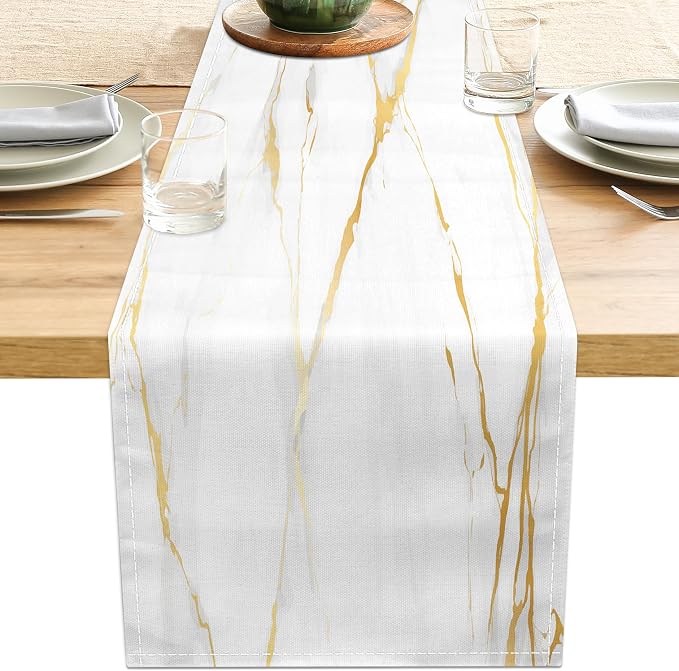 White Gold Table Runner Marble Linen Table Runners, Long Coffee Dresser Runners by LXXTK
