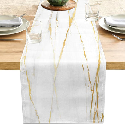White Gold Table Runner Marble Linen Table Runners, Long Coffee Dresser Runners by LXXTK