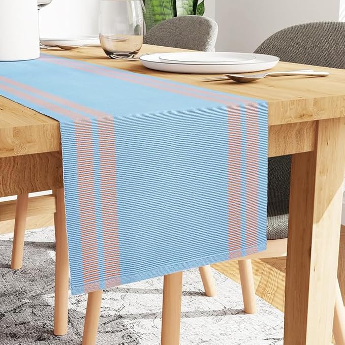 Encasa XO Table Runner, Yarn Dyed Ribbed Cotton 13"x94" | Ladder Blue, 12-Ply by EncasaXO
