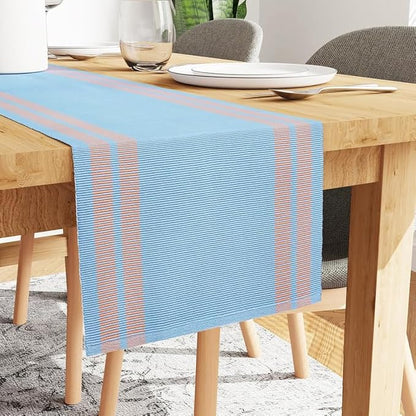 Encasa XO Table Runner, Yarn Dyed Ribbed Cotton 13"x94" | Ladder Blue, 12-Ply by EncasaXO