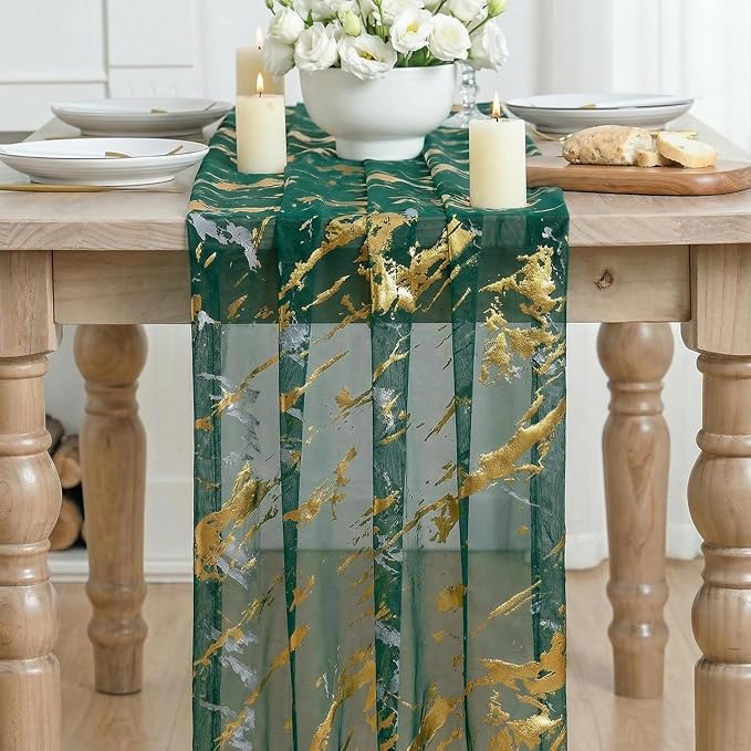 Artoid Mode Marble Pattern Green Gauze Table Runner 10FT, Glitter Metallic Foil - Image 2