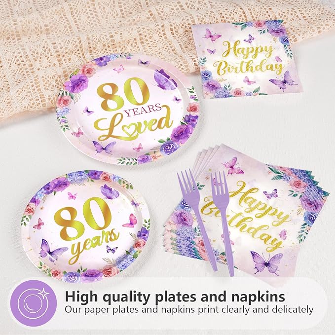 96Pcs 80th Birthday Purple Floral Butterfly Party Decoration, Serves 24 | - Image 3