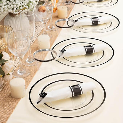 BESTSTAR 175PCS Clear and Black Disposable Plates Set for 25 Guests, 50 Plastic Plates, 25 Cups, 25 Pre-Rolled Napkins with Plastic Cutlery for Party, Birthday, Wedding, Thanksgiving, Christmas