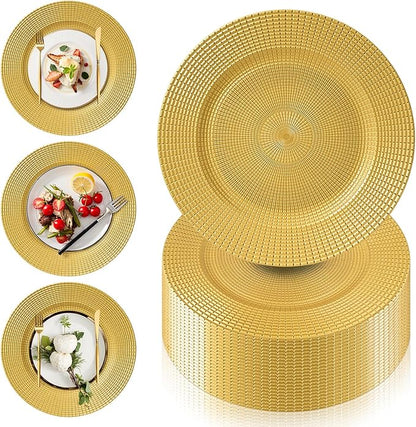 PROY 50 Pack 13" Gold Chargers for Dinner Plates, Round Plastic Chain Shaped Charger Plates,Decorative Gold Chargers for Table Setting, Wedding, Party, Event
