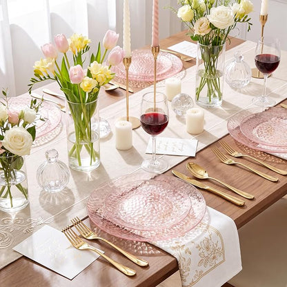 Rubtlamp 100 Pcs Clear Pink Plastic Plates, Hammered Plastic Pink Plates Set - Image 4