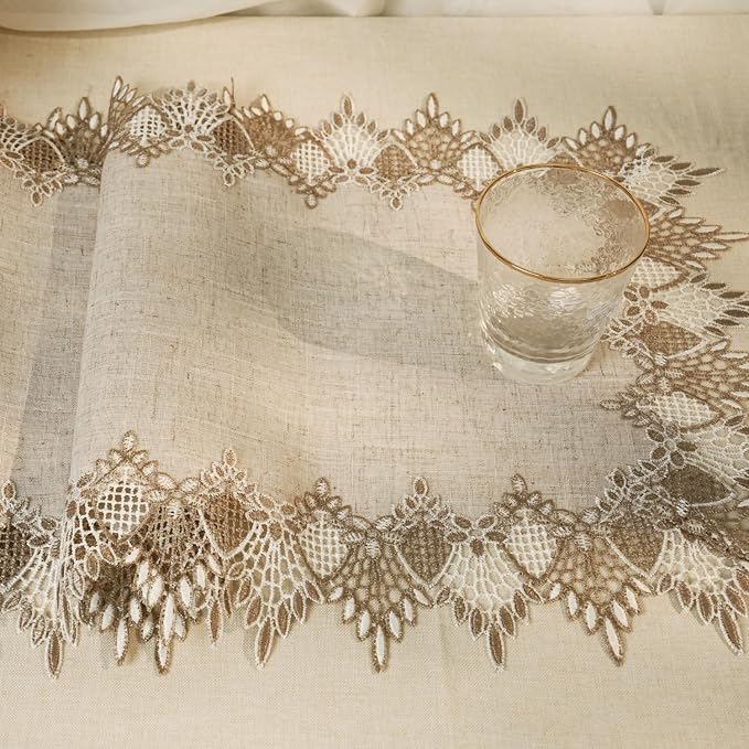 Phantomon Neutral Linen Table Runner 51 Inches Beige Embroidered Runner Lace - Image 3
