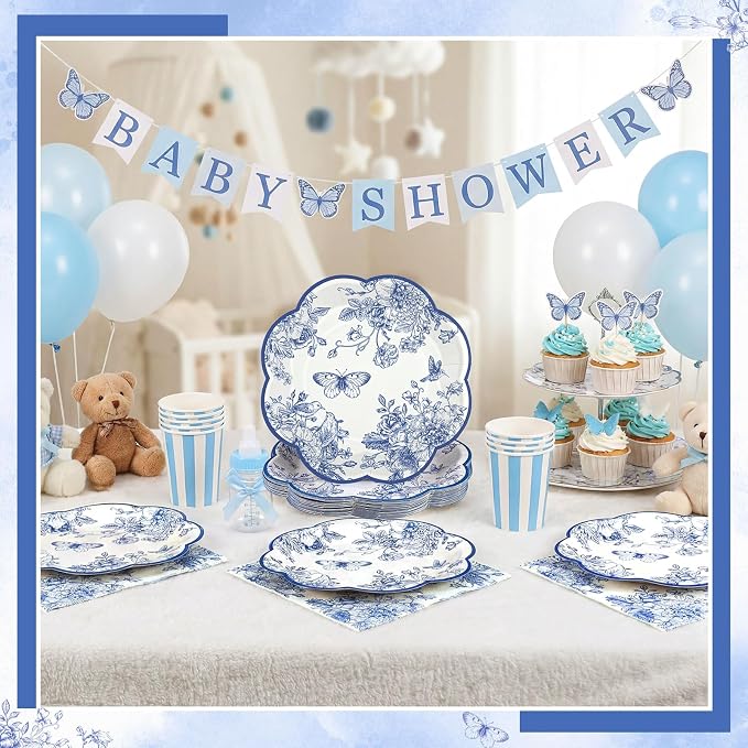 NatNarr 50 Pcs Blue Floral Plates and Napkins, Bridal Baby Showe - Image 5