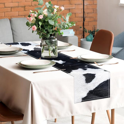 Linen Cow Print Table Runner 13x71 Inch Farmhouse Western White Black Cowhide - Image 4