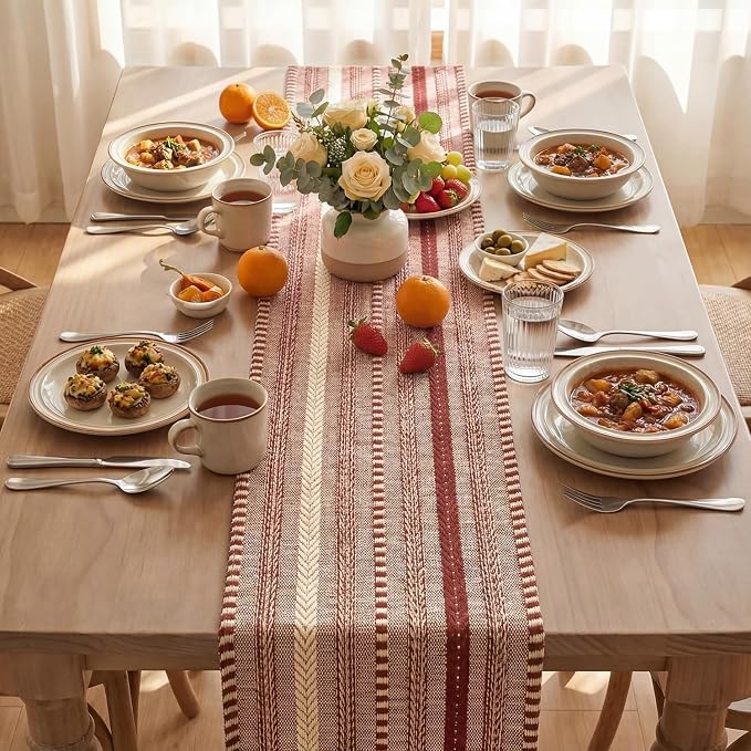 Artoid Mode Red Farmhouse Stripe Braided Table Runner 12x72 Inch | Holiday - Image 3