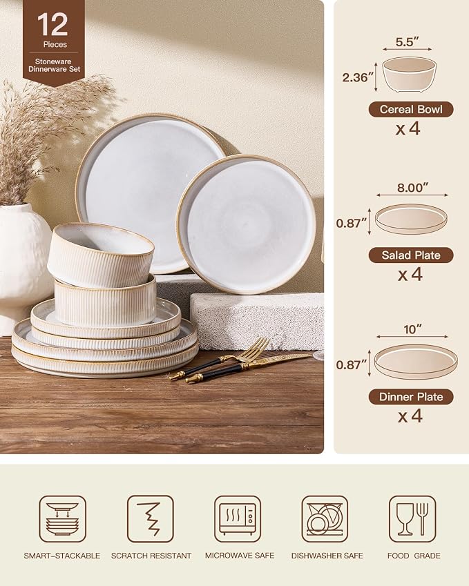 Stoneware Dinnerware Set for 4, Cappuccino White Dishes | 12 pcs Ceramic Plates - Image 7