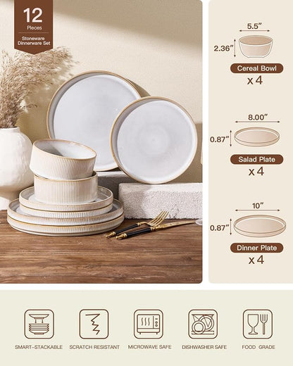 Stoneware Dinnerware Set for 4, Cappuccino White Dishes | 12 pcs Ceramic Plates - Image 7