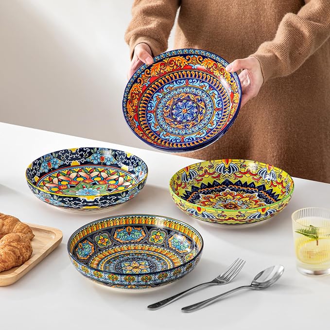 vancasso Pasta Bowls Set of 4, 42oz Ceramic Salad Serving Bowls, Bohemian | - Image 7