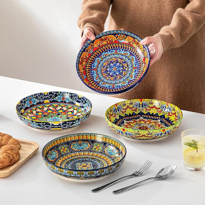 vancasso Pasta Bowls Set of 4, 42oz Ceramic Salad Serving Bowls, Bohemian | - Image 7