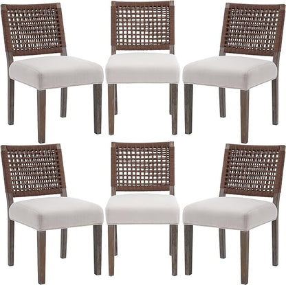 Farmhouse Dining Chairs Set of 6 Linen Fabric Upholstered Accent Side Chair, Mid Century Modern Kitchen & Dining Room Chairs with Woven Rope Back for Home, Living Room, Bedroom - Beige