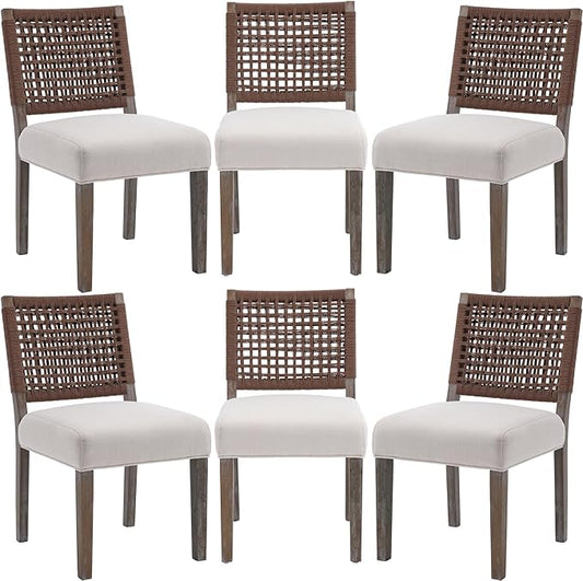 Farmhouse Dining Chairs Set of 6 Linen Fabric Upholstered Accent Side Chair, Mid Century Modern Kitchen & Dining Room Chairs with Woven Rope Back for Home, Living Room, Bedroom - Beige