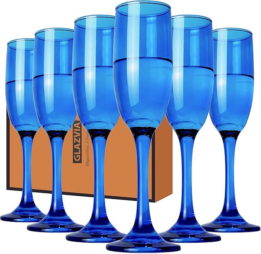 Champagne Flutes Glasses Set of 6-6oz Elegant Blue Glass, Unique Blue Colored Long Stem Champagne Flute Gift for Wedding, Anniversaries, Parties, Birthday, Restaurant, Home Bar