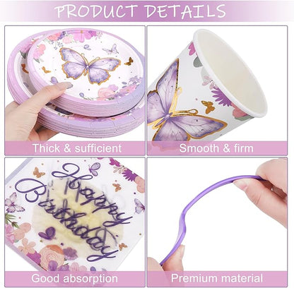 Kochorie 400 Pieces Butterfly Disposable Party Tableware Sets Including Plates Cups Napkins Cutlery Serves 50 for Butterfly-themed Party Birthday Baby Shower Girls Party Decorations