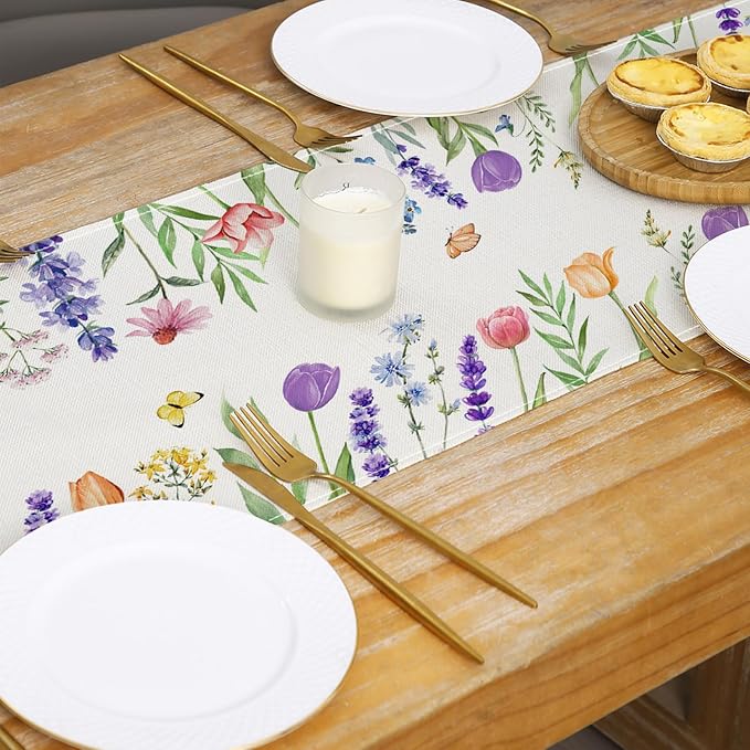 Spring Floral Table Runner Decorations, Tulip and Lavender Farmhouse Table Scarf - Image 4