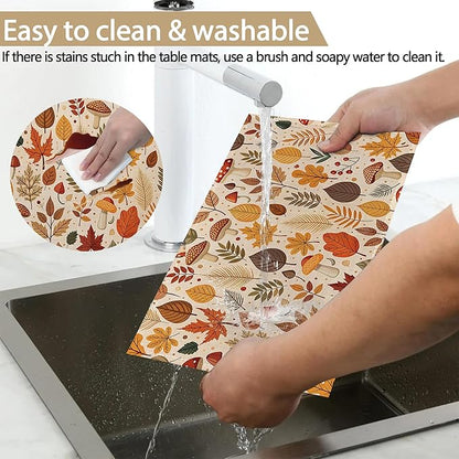 Fall Plastic Placemats, Halloween Thanksgiving Vinyl Placemats 12x18 Inch Waterproof Non-Slip Washable Table Mats for Kitchen Dining Party Table Decor,Set of 6