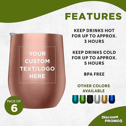 Custom Stemless Wine Glass Tumblers with Lids by Largo 11 oz. Set of 6, Personalized Bulk Pack - Perfect for Wine, Cocktails, Other Hot & Cold Beverages - Rose Gold