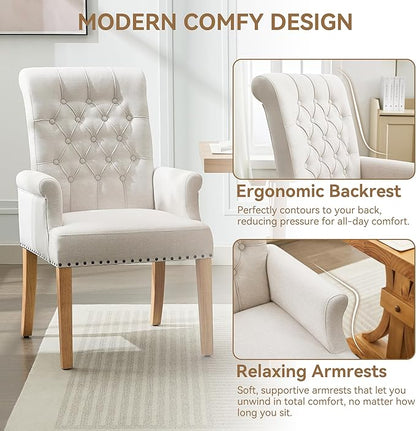 Fabric Dining Chair with Arms, Upholstered Tufted High Back Dining Room Chairs, Accent Armchair with Solid Wood Leg and Nailhead Trim, Kitchen Dining Living Room, Beige
