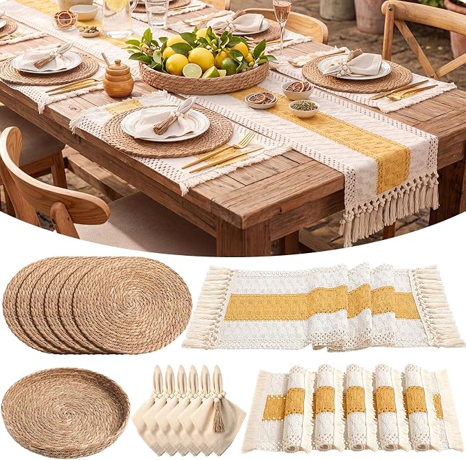 6 Sets Boho Decoration Placemats Round Woven Placemats, Cloth Napkins, Wood by Gandeer