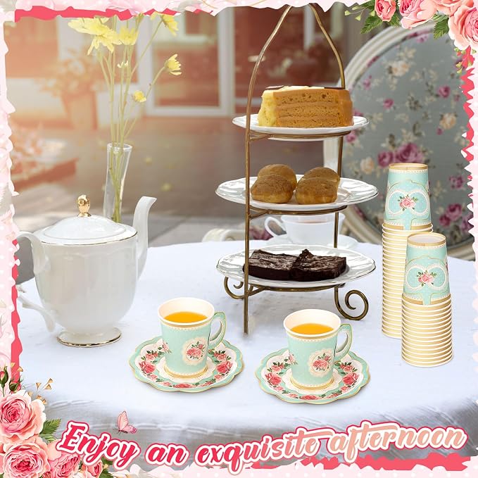 Tioncy 100 Pcs Tea Party Decorations Include 50 Pieces 9 oz Paper Tea Cups - Image 7