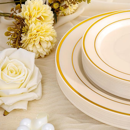 IOOOOO 200 Pcs Gold and Ivory Plastic Plates, Ivory Disposable Party Plates - Image 5