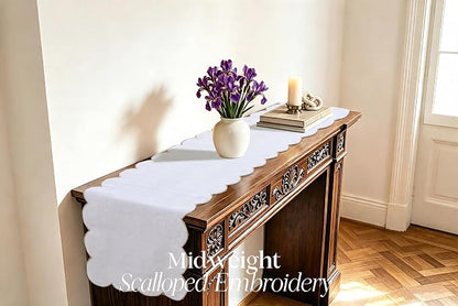 100% Natural Linen Rustic Scalloped Embroidery Table Runner 132 Inches Long - Image 2