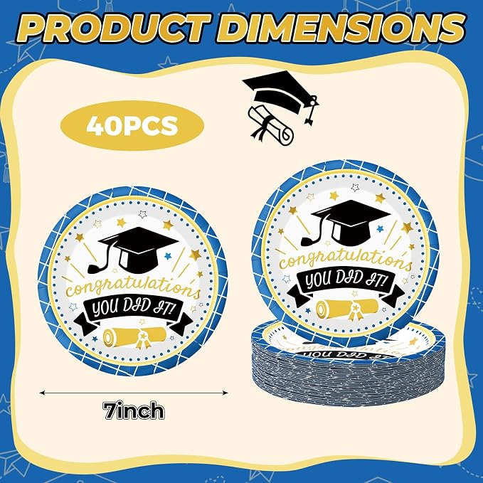 2026 Graduation Plates 7 Inch 40Pcs Blue Paper Plates Disposable, Class of 2026 - Image 6