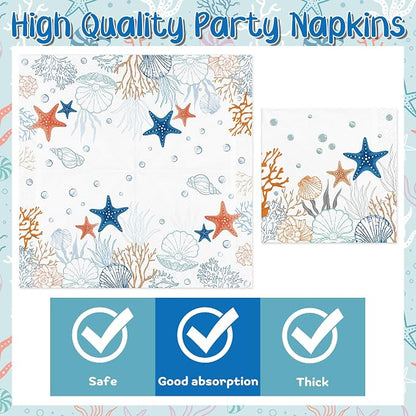 96Pcs Ocean Seashell Starfish Coral Beach Party Plates Supplies | Blue Coastal - Image 4