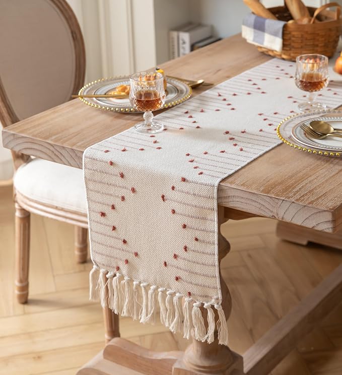 Boho Table Runner 13 x 72 Inch Long Natural Cotton Woven Runner - Image 2