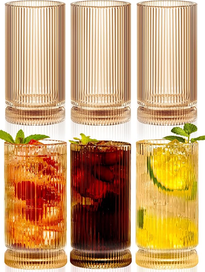16Oz Amber Ribbed Glassware Set Of 6 – Vintage Drinking Glasses And Ribbed by Megarte