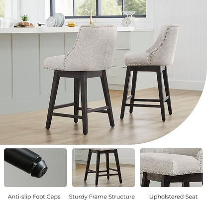 CHITA Counter Height Swivel Bar Stools Set of 3, FSC Certified Upholstered Counter Stools, Modern Swivel Barstools with Wood Legs for Kitchen Island, 26" Seat Height, Fabric in Ivory