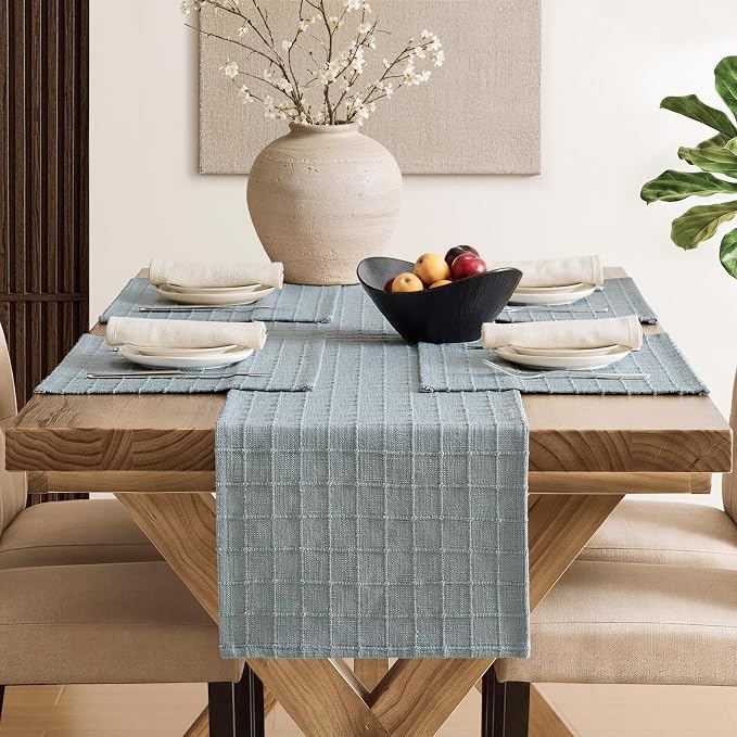 Artisanal Grid Linen Table Runner, 13x90 Inches Chambray | Heavy Textured - Image 4
