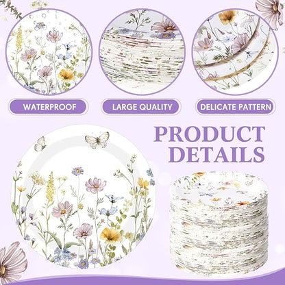 60 Pcs 7 Inch Floral Party Plates Wildflower Paper Plates Spring Summer Disposable Dinnerware Decoration for Tea Party Dinner Birthday Baby Shower Bridal Wedding Supplies