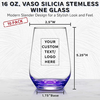DISCOUNT PROMOS 10 Vaso Silicia Stemless Wine Glasses Set, 16 oz. - Personalized Text, Logo - Clear, Orb-Like, Thick base - Purple