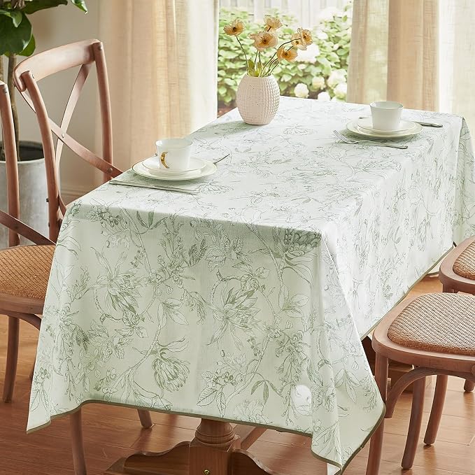 jinchan Green Floral Linen Rectangle Table Cloth 50 x 84 Inch | Natural - Image 2