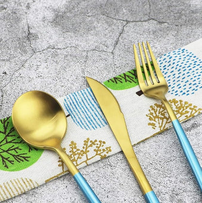 Gugrida 20-Piece 18/10 Stainless Steel Flatware Silverware, Luxury Dinnerware Set Travel Cutlery Tableware Include Knife Fork Spoon Service for 4, Dishwasher Safe (Blue Handle Matte Gold)
