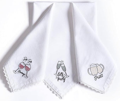Bedding Craft Cotton Cloth Dinner Napkins Set of 12 – 18x18 Embroidered Motif with Decorative Lace Edges – Machine Washable Fabric Napkins for Weddings, Baby Showers, Christmas & Easter