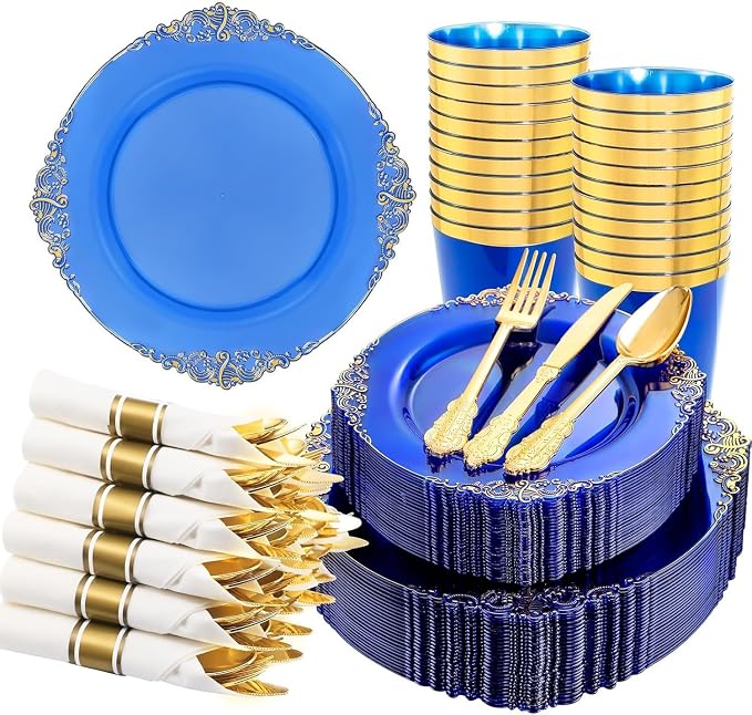 210 Pcs Blue Gold Plates for Graduation | Blue Party Plates Set for 30 Guests by Hioasis