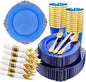 210 Pcs Blue Gold Plates for Graduation | Blue Party Plates Set for 30 Guests by Hioasis