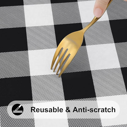 Smiry Rectangle Picnic Table Cloth, Elastic Waterproof Fitted Vinyl Tablecloths, Flannel Backed Buffalo Plaid Table Covers for Dining, Camping, Outdoor (Black and White, 36" x 48")
