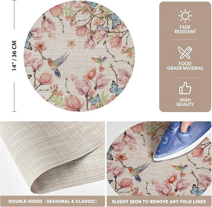 Artoid Mode Birds Flower Butterfly Round Placemats Set of 4, 15 Inch Plastic Woven Wipeable Non-Slip PVC Table Mats for Party Kitchen Dining Decor